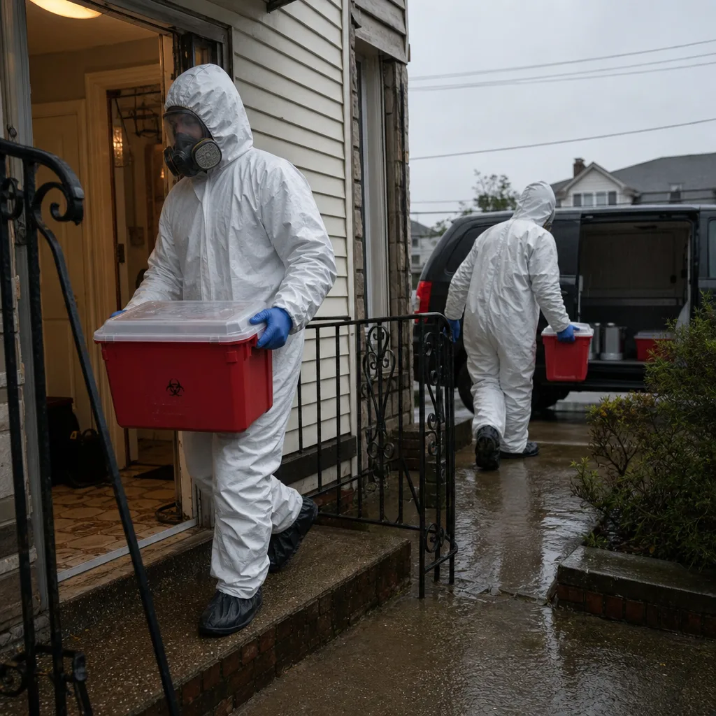 Technicians in hazmat suits performing professional biohazard and crime scene cleanup. in Secaucus, NJ