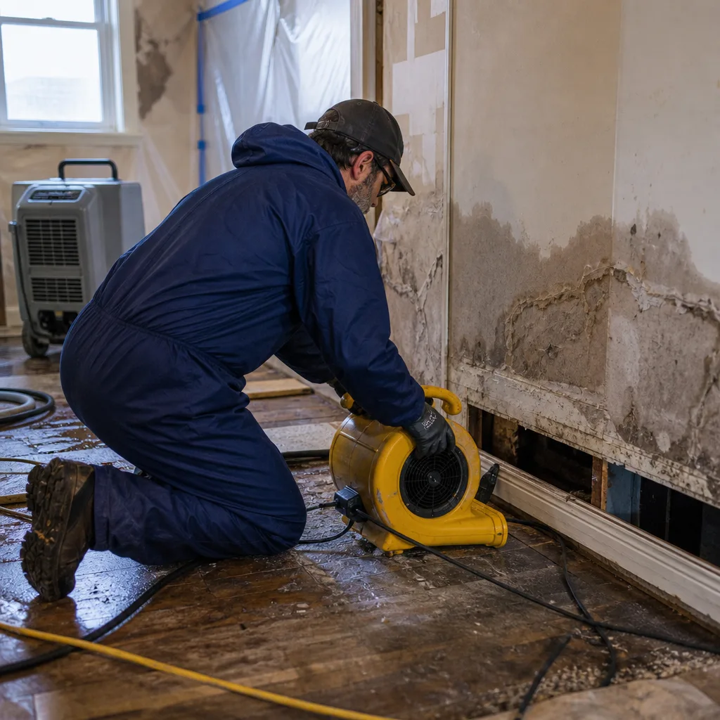 Technician using industrial air mover for water damage restoration in Washington Square, NY