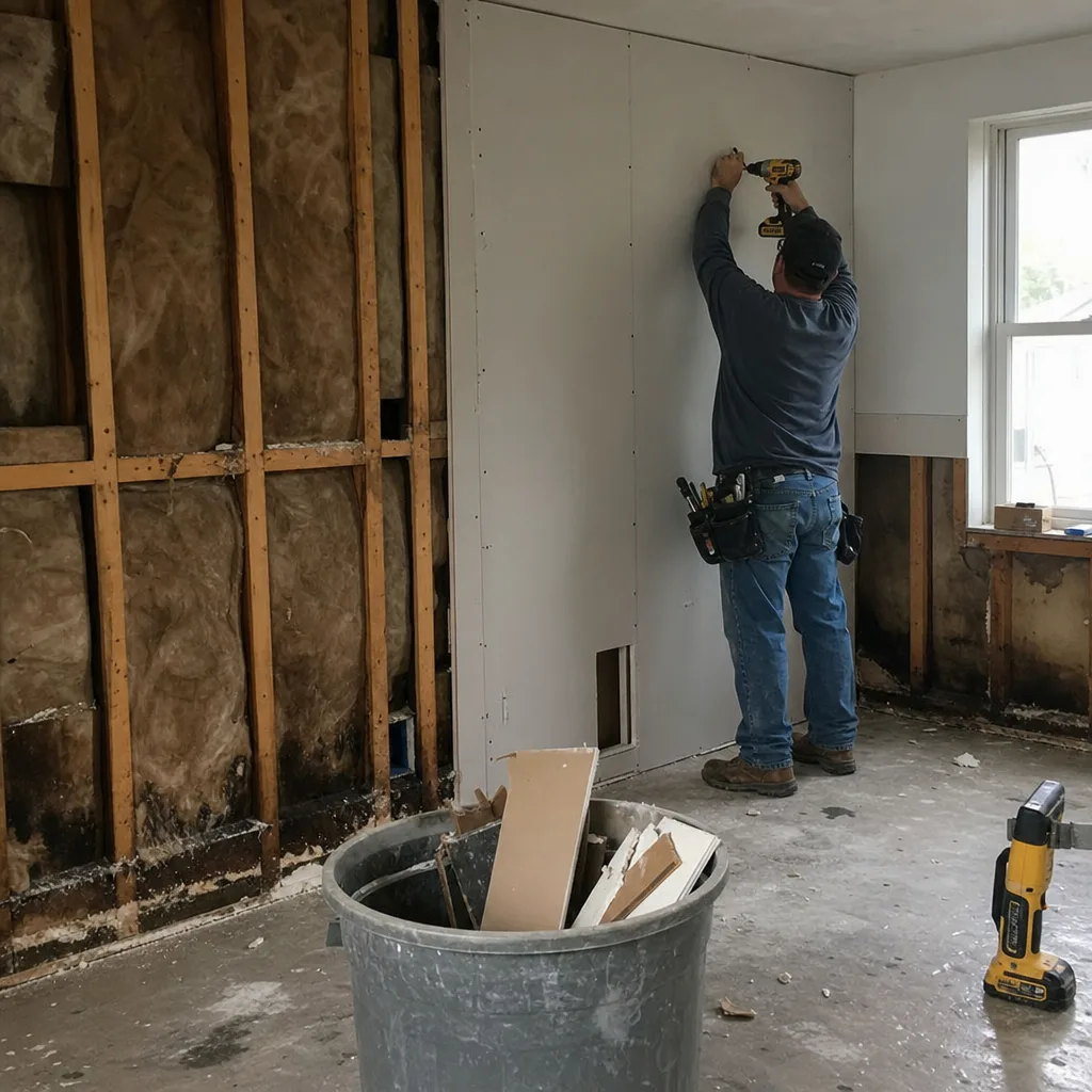 Contractor installing drywall for professional residential wall reconstruction and restoration. in Hoboken, NJ