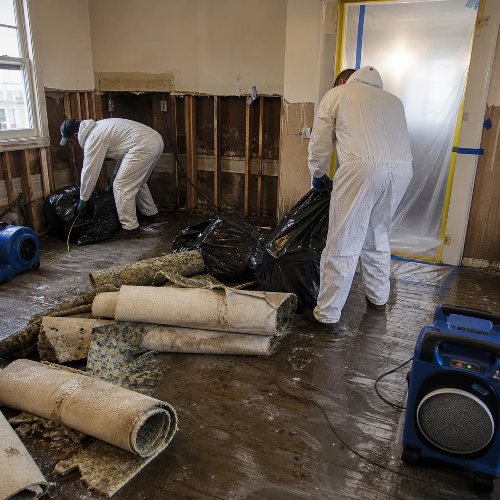 Technicians in protective suits performing professional sewage cleanup and water damage restoration in Murray Hill, NY