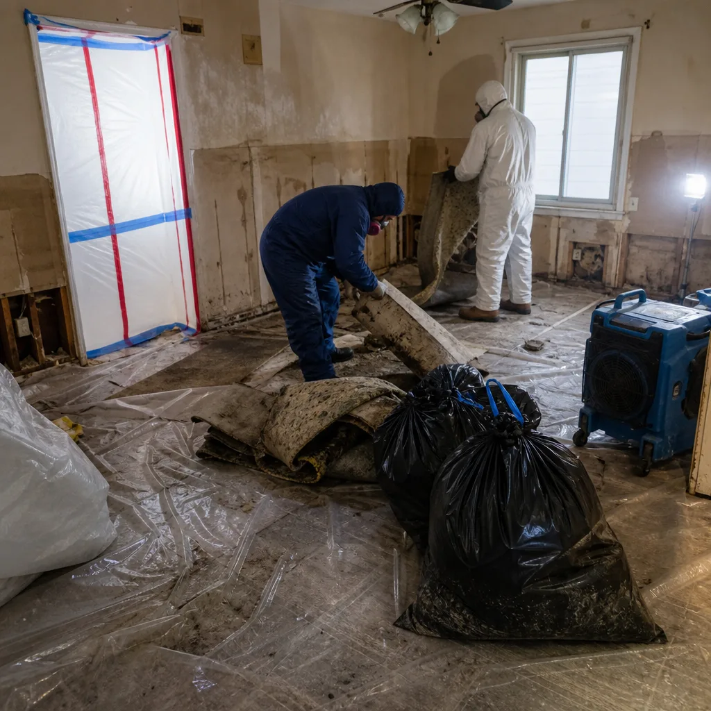 Technicians in hazmat suits performing professional sewage and water damage cleanup in Murray Hill, NY