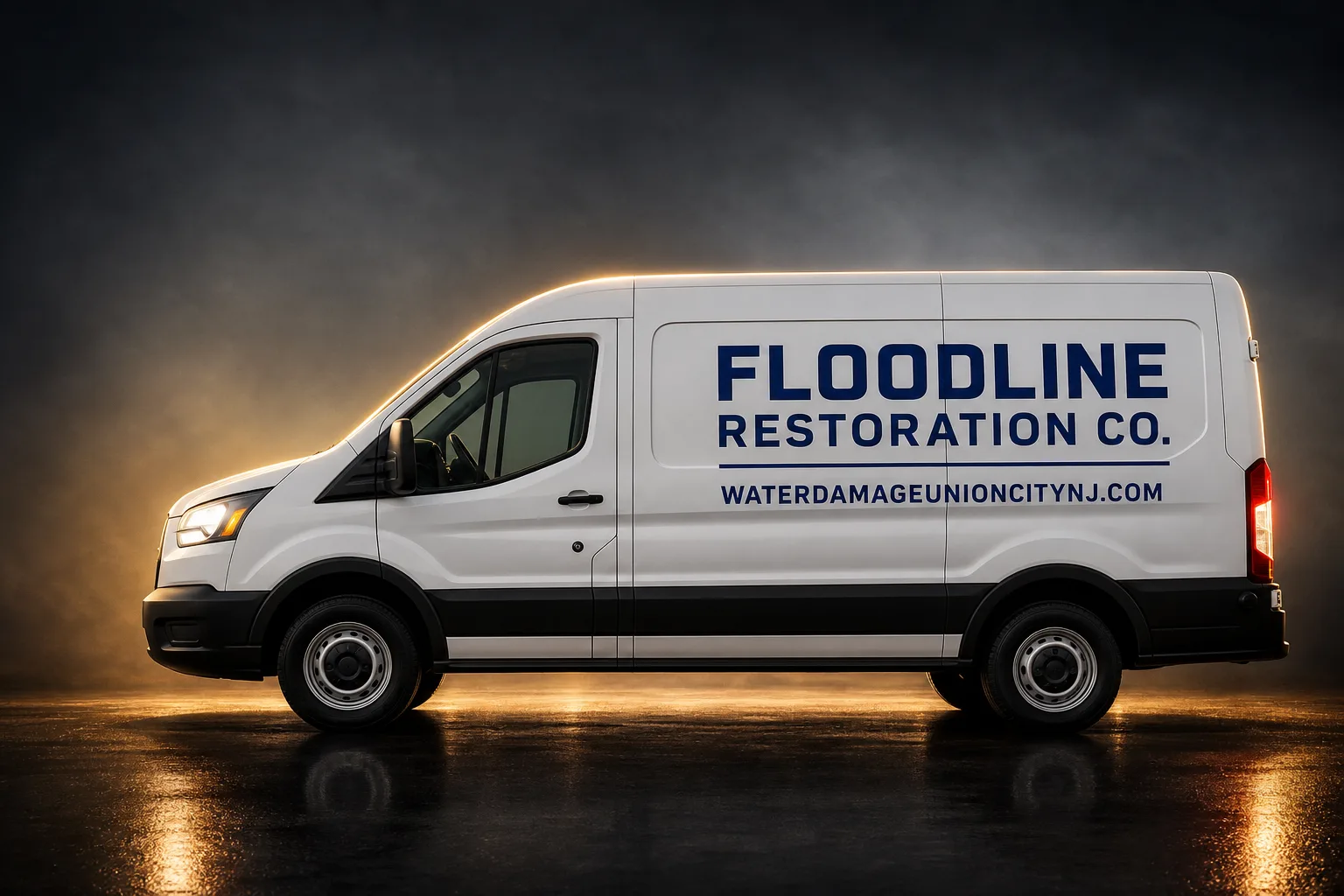 Floodline Restoration Co. damage restoration service vehicle and crew in Union City, NJ